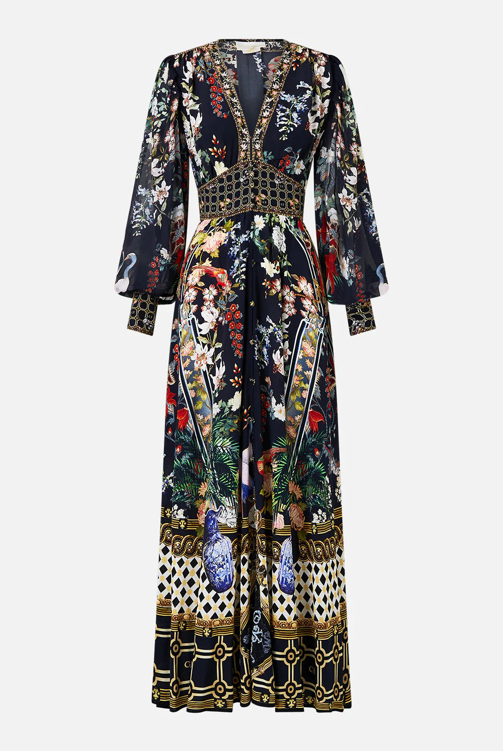 CAMILLA Shaped Waistband Dress with Gathered Sleeves - Palacio Poetry - Magpie Style