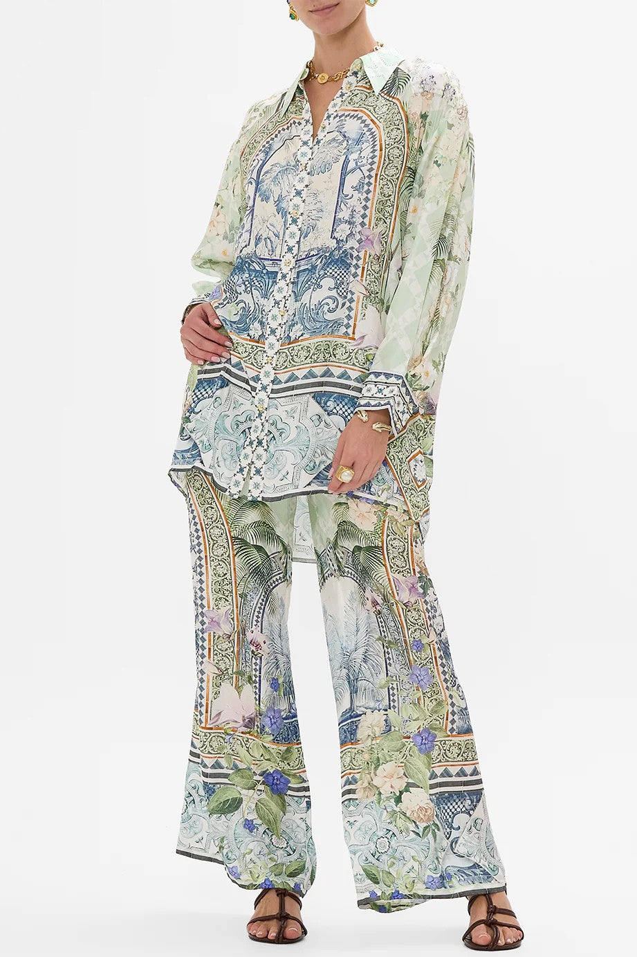 CAMILLA Long Line Shirt with Yoke & Button Detail - Jardim Party - Magpie Style