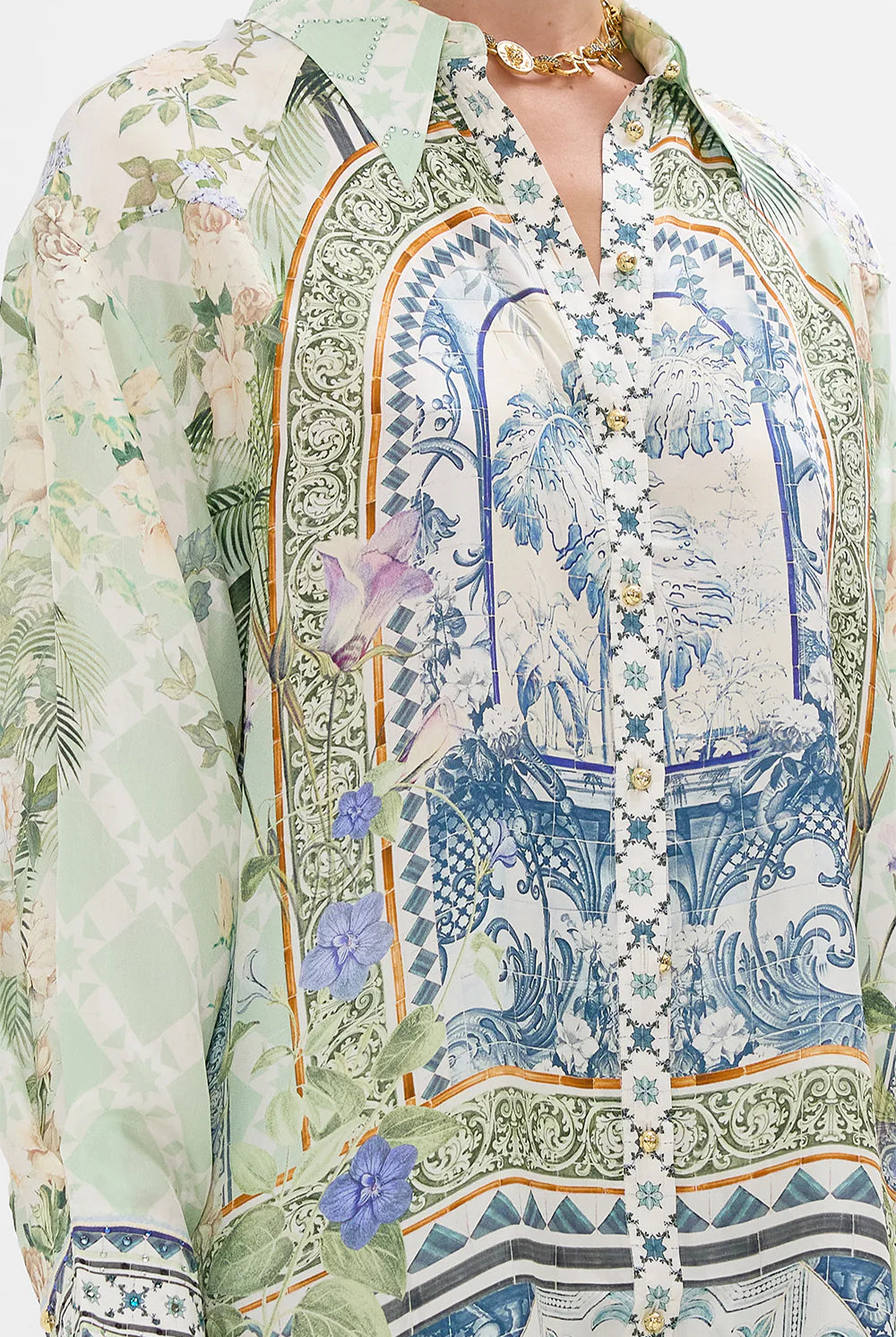 CAMILLA Long Line Shirt with Yoke & Button Detail - Jardim Party - Magpie Style