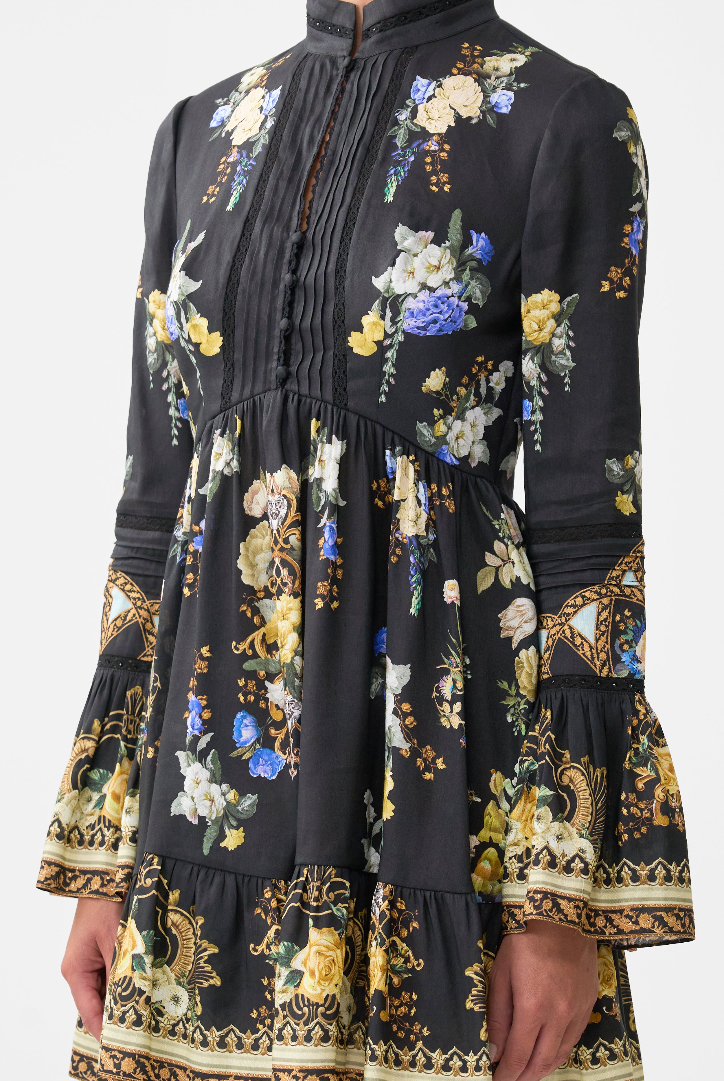 CAMILLA High Neck Short Dress with Ruffle Cuff - Ottoman Elegance - Magpie Style