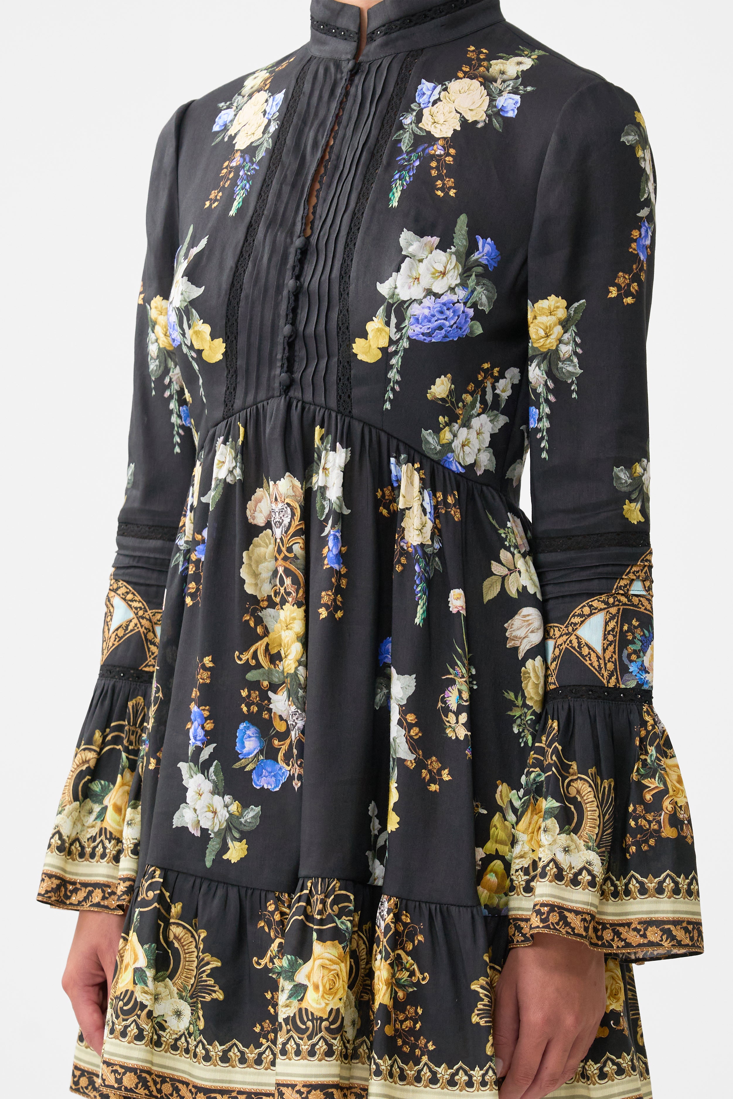 CAMILLA High Neck Short Dress with Ruffle Cuff - Ottoman Elegance - Magpie Style