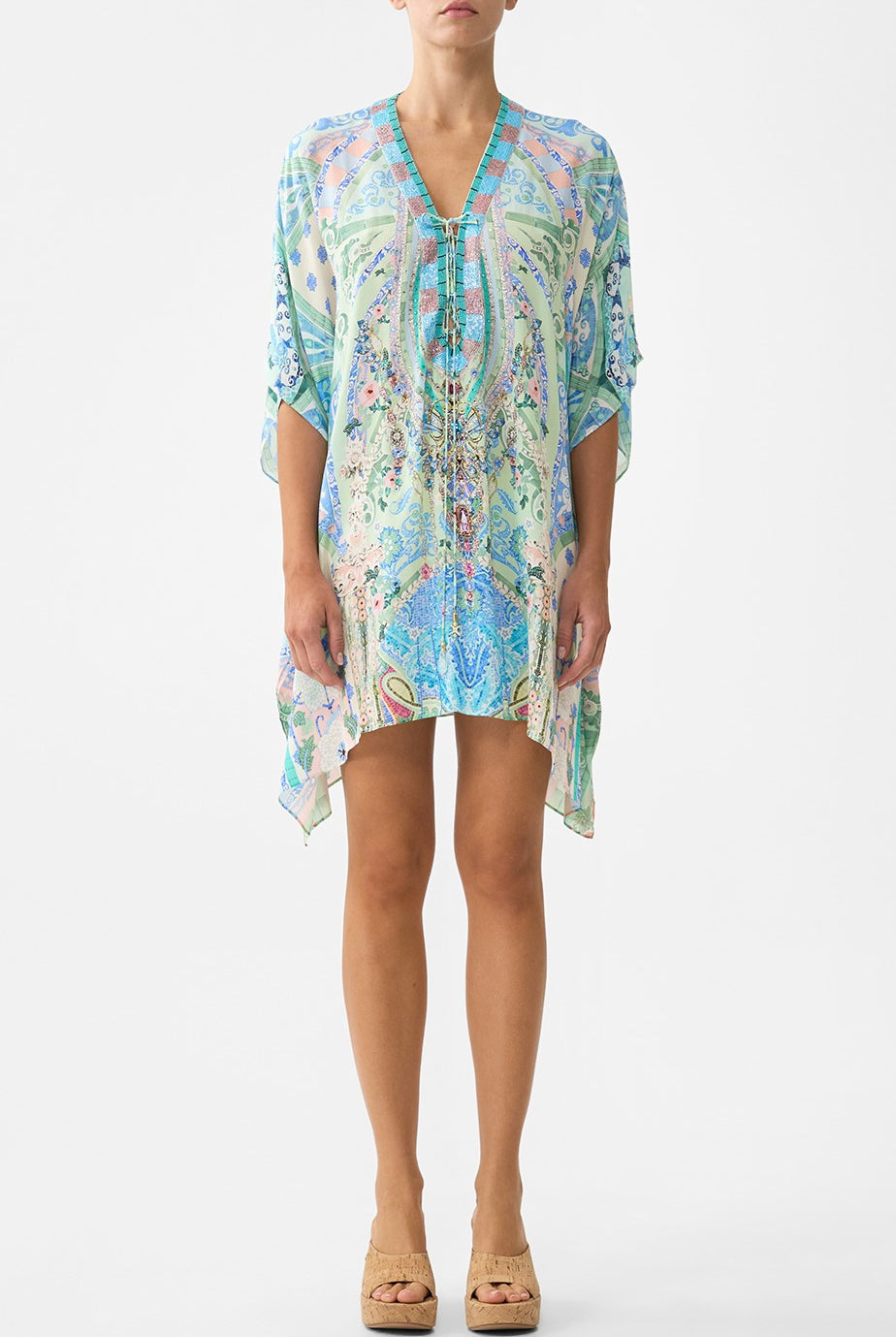CAMILLA Short Lace Up Kaftan - Midsummer Mosaics - Magpie Style