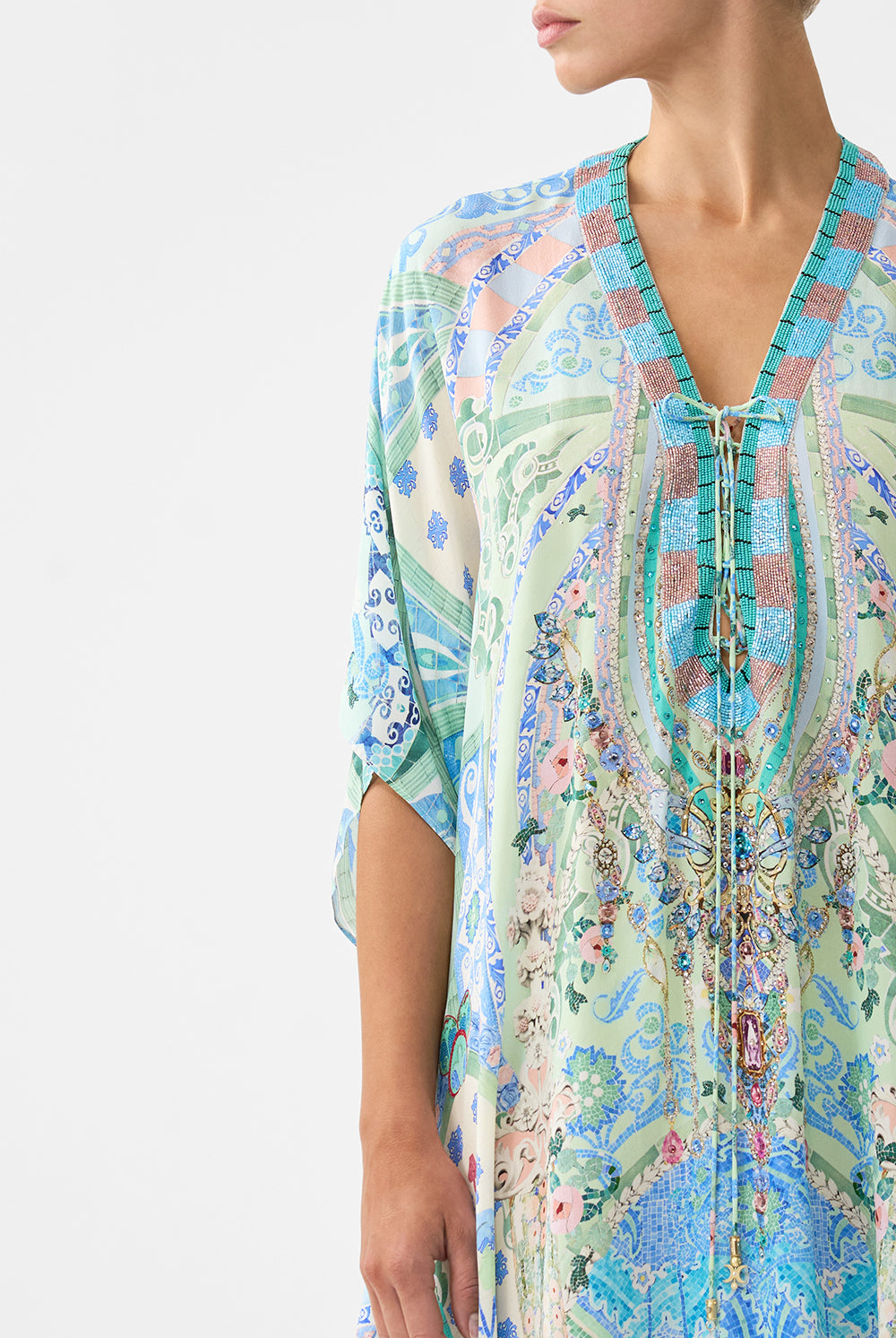 CAMILLA Short Lace Up Kaftan - Midsummer Mosaics - Magpie Style