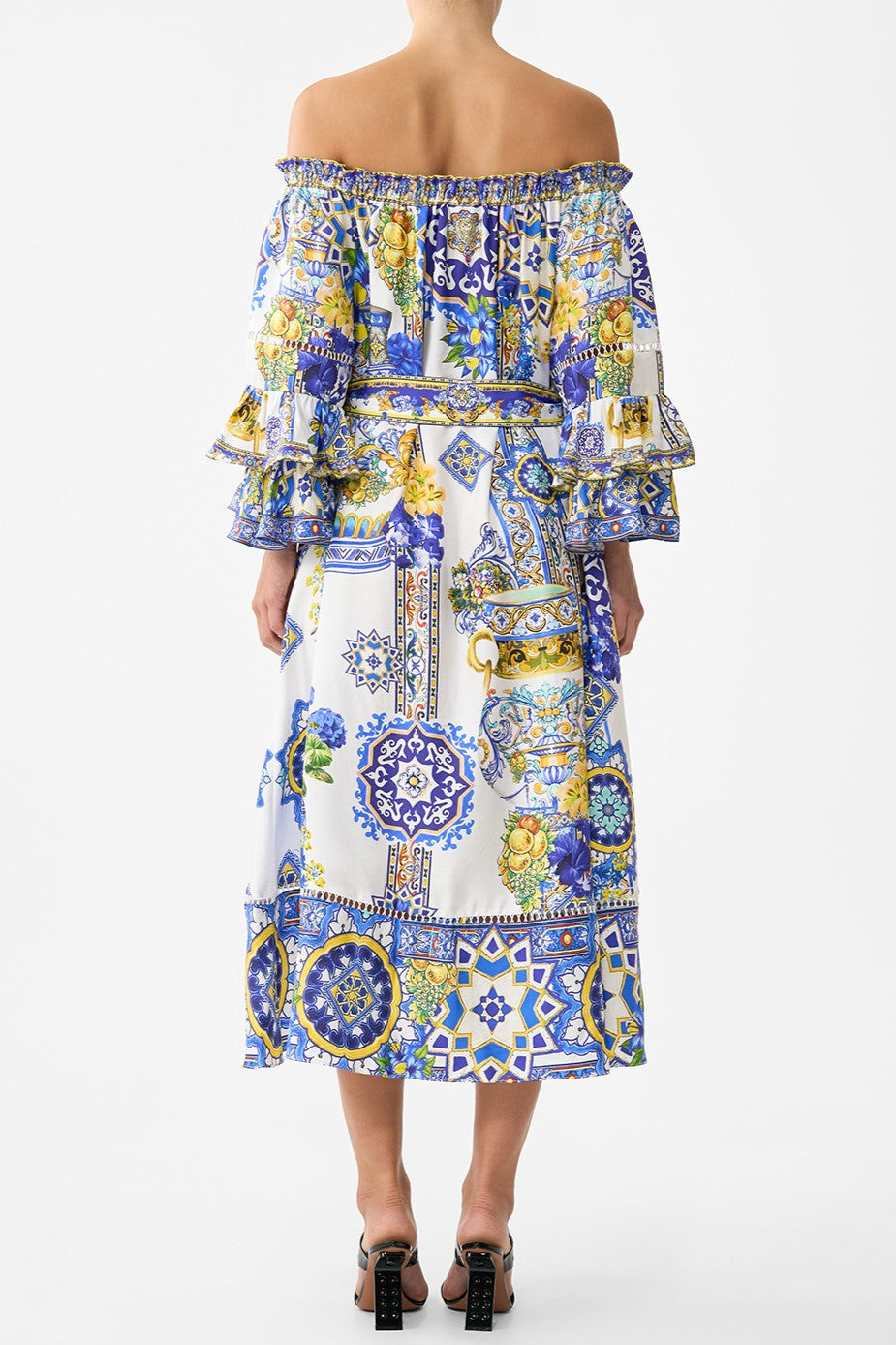 CAMILLA Off Shoulder Midi Dres with Frill Sleeve - Espana Nirvana - Magpie Style