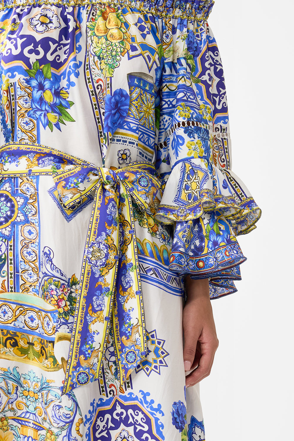 CAMILLA Off Shoulder Midi Dres with Frill Sleeve - Espana Nirvana - Magpie Style