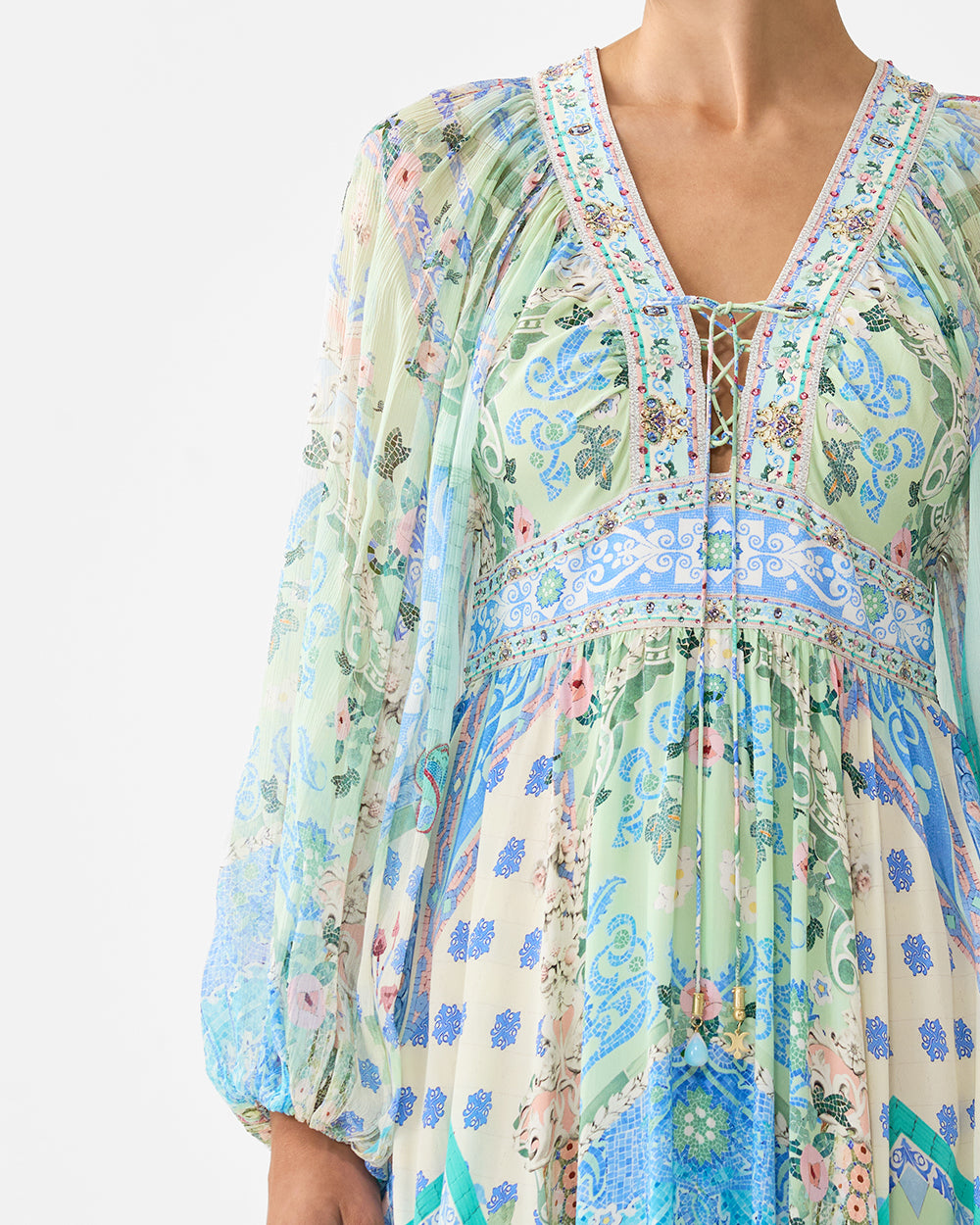 CAMILLA Lace Up Front Long Dress - Midsummer Mosaics - Magpie Style