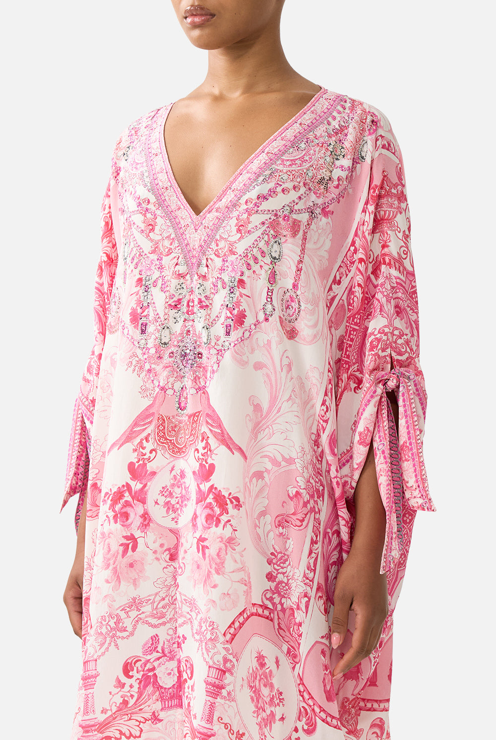 CAMILLA Tie Sleeve Short V Neck Kaftan - Livin La Vida Rosa - Magpie Style