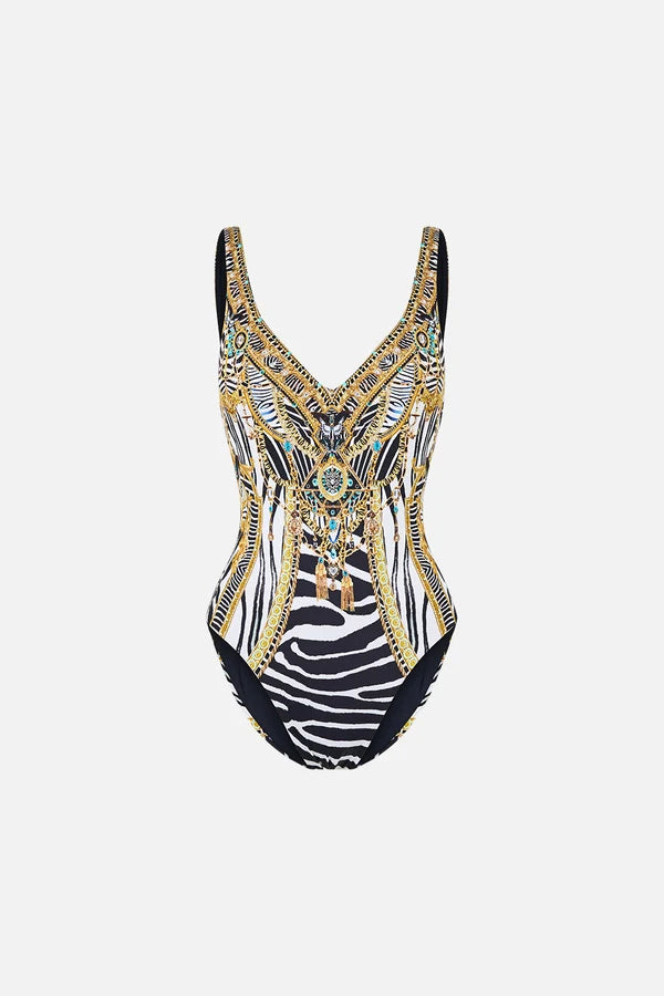 CAMILLA V Neck One Piece With V Back - Zig Zag Zoo - Magpie Style
