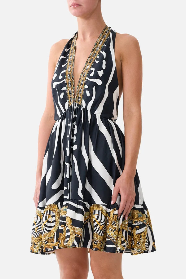 CAMILLA Ruffle Hem Halter Short Dress - Zig Zag Zoo - Magpie Style