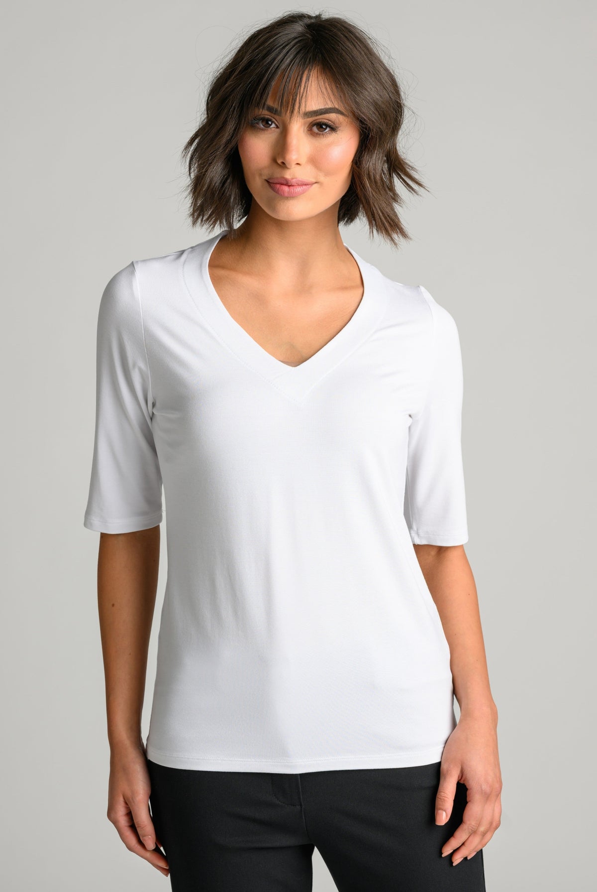 PAULA RYAN Easy Fit Half Sleeve V Neck Top - White EcoVero - Paula Ryan