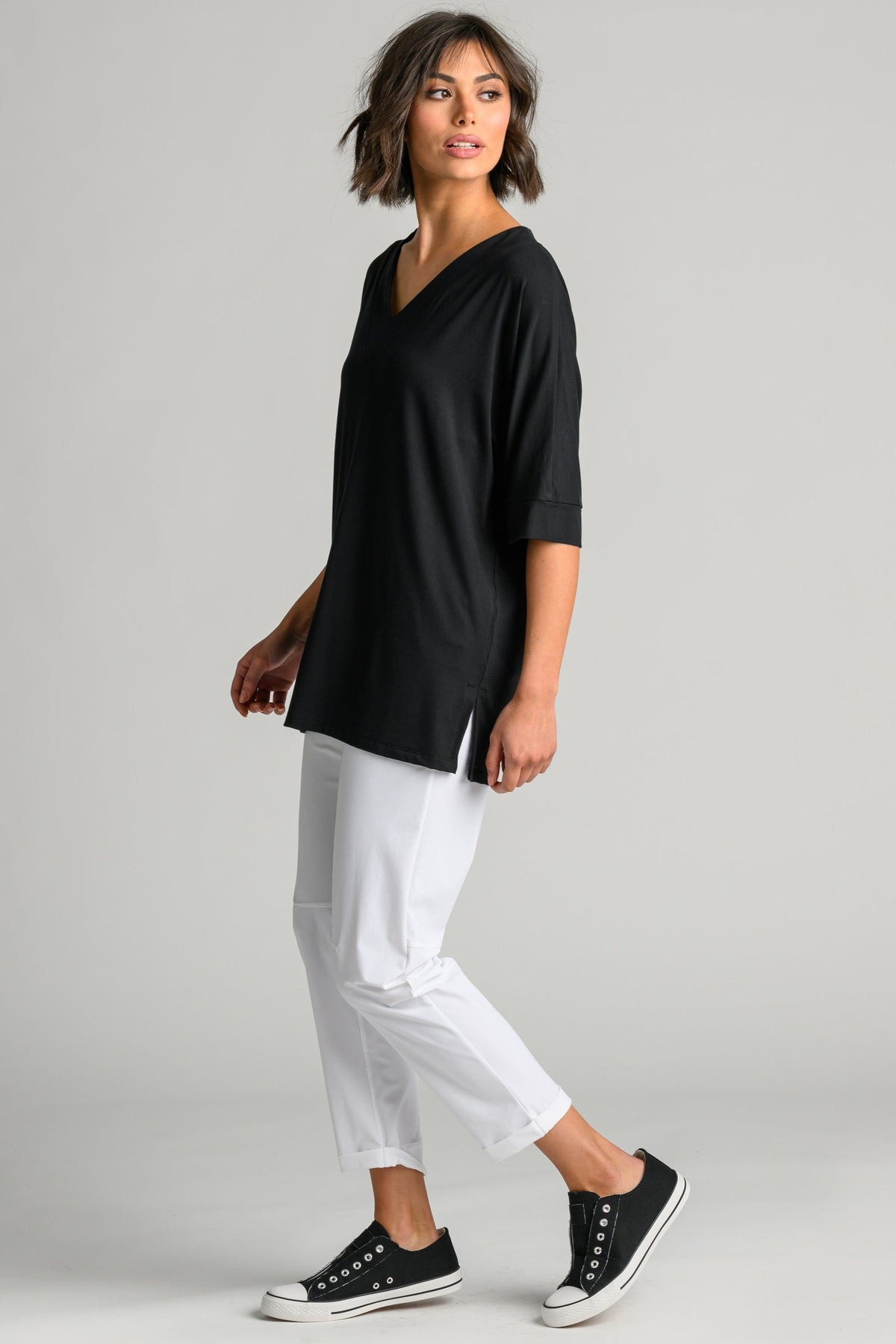 PAULA RYAN Long V Neck Relaxed Top - Black EcoVero - Paula Ryan