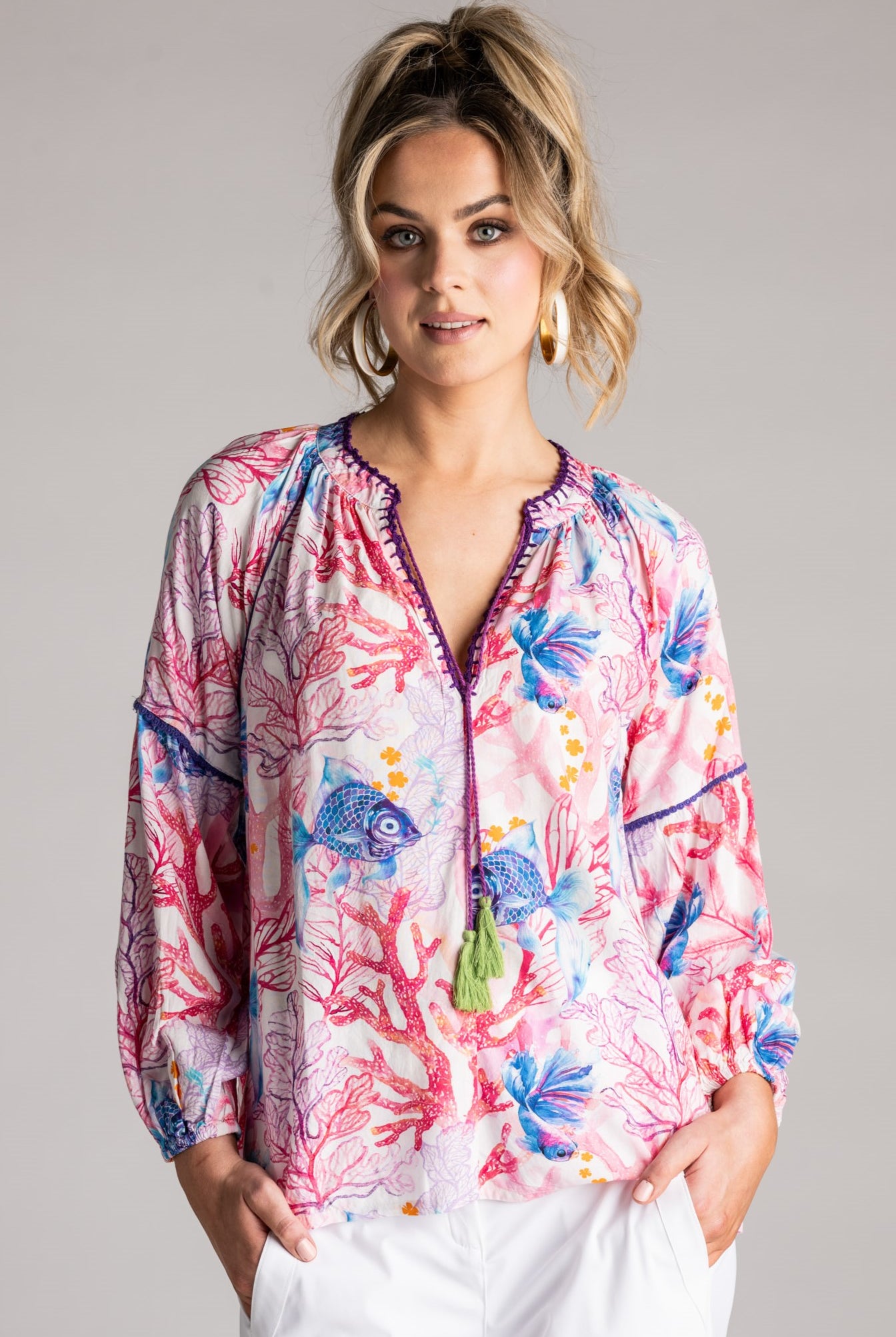 PLACE DU SOLEIL Blue Fish Coral Top - Pink/Blue - Magpie Style