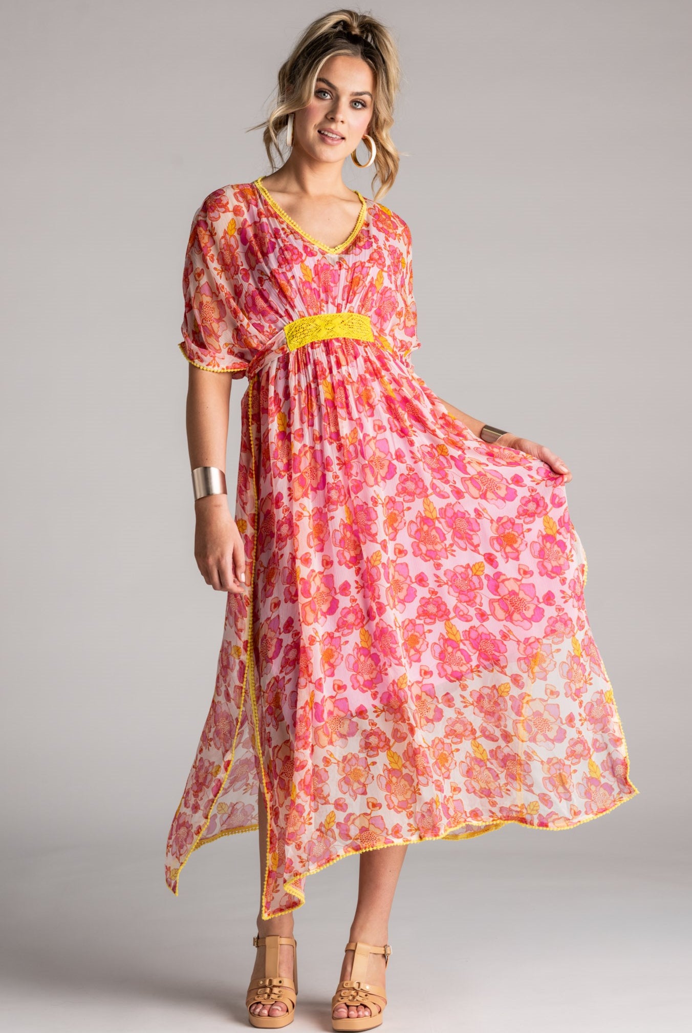 PLACE DU SOLEIL Rosa Flower Chiffon Dress - Pink/Yellow - Magpie Style