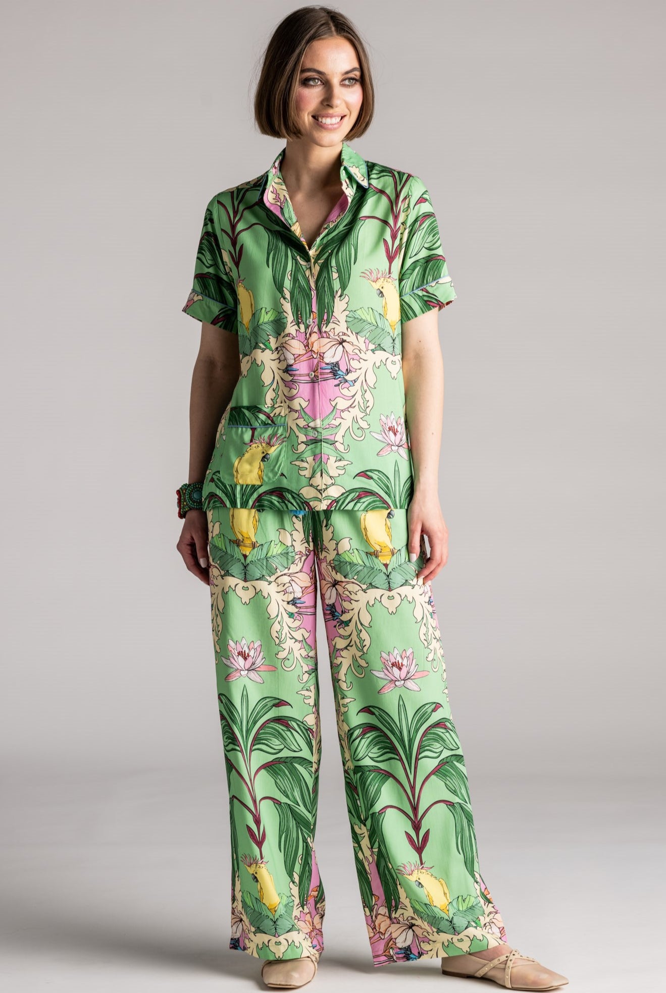 PLACE DU SOLEIL Green Birds Blouse - Green Multi - Magpie Style