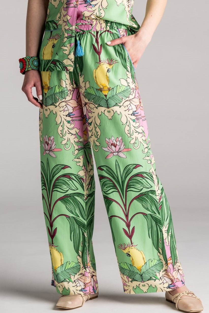 PLACE DU SOLEIL Green Birds Pant - Green Multi - Magpie Style