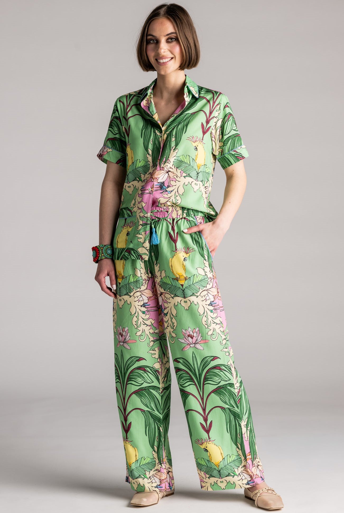 PLACE DU SOLEIL Green Birds Pant - Green Multi - Magpie Style