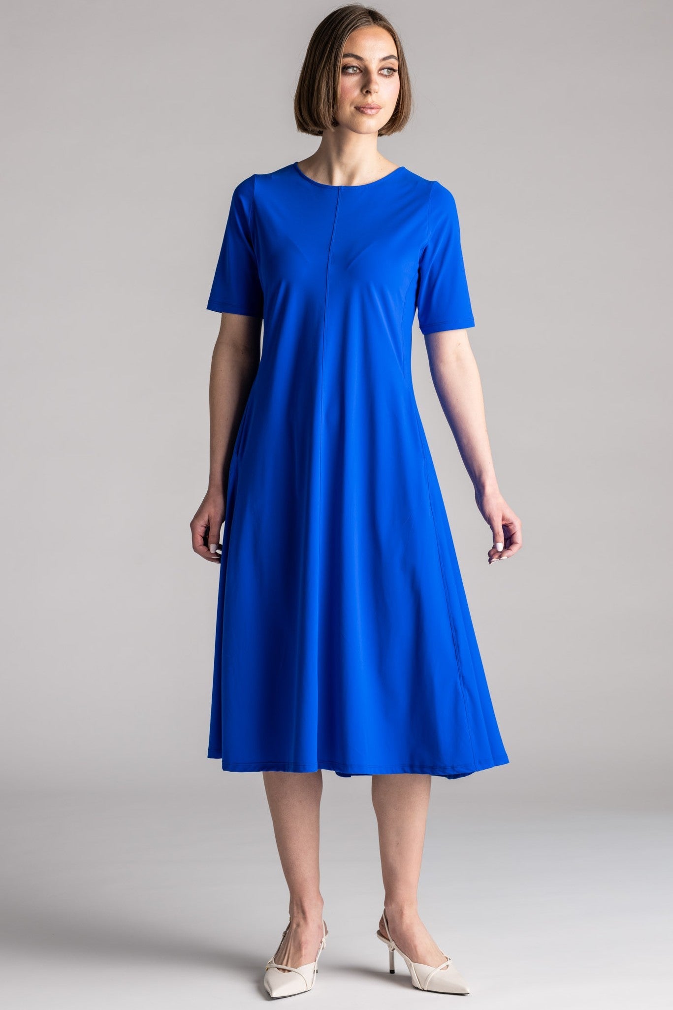 PAULA RYAN Crew Neck Swing Dress Microjersey - Greek Blue - Paula Ryan