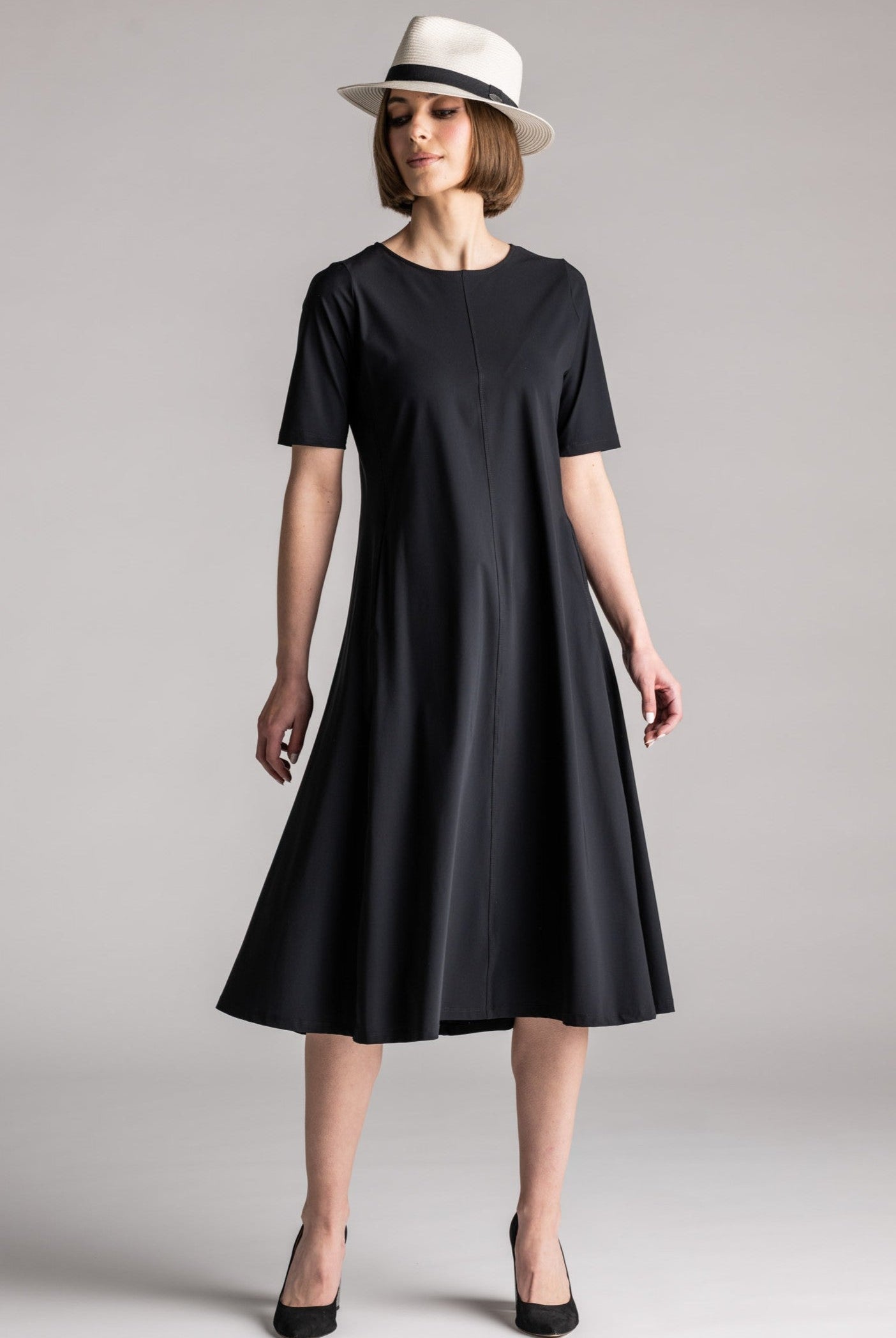 PAULA RYAN Crew Neck Swing Dress Microjersey - Black - Paula Ryan