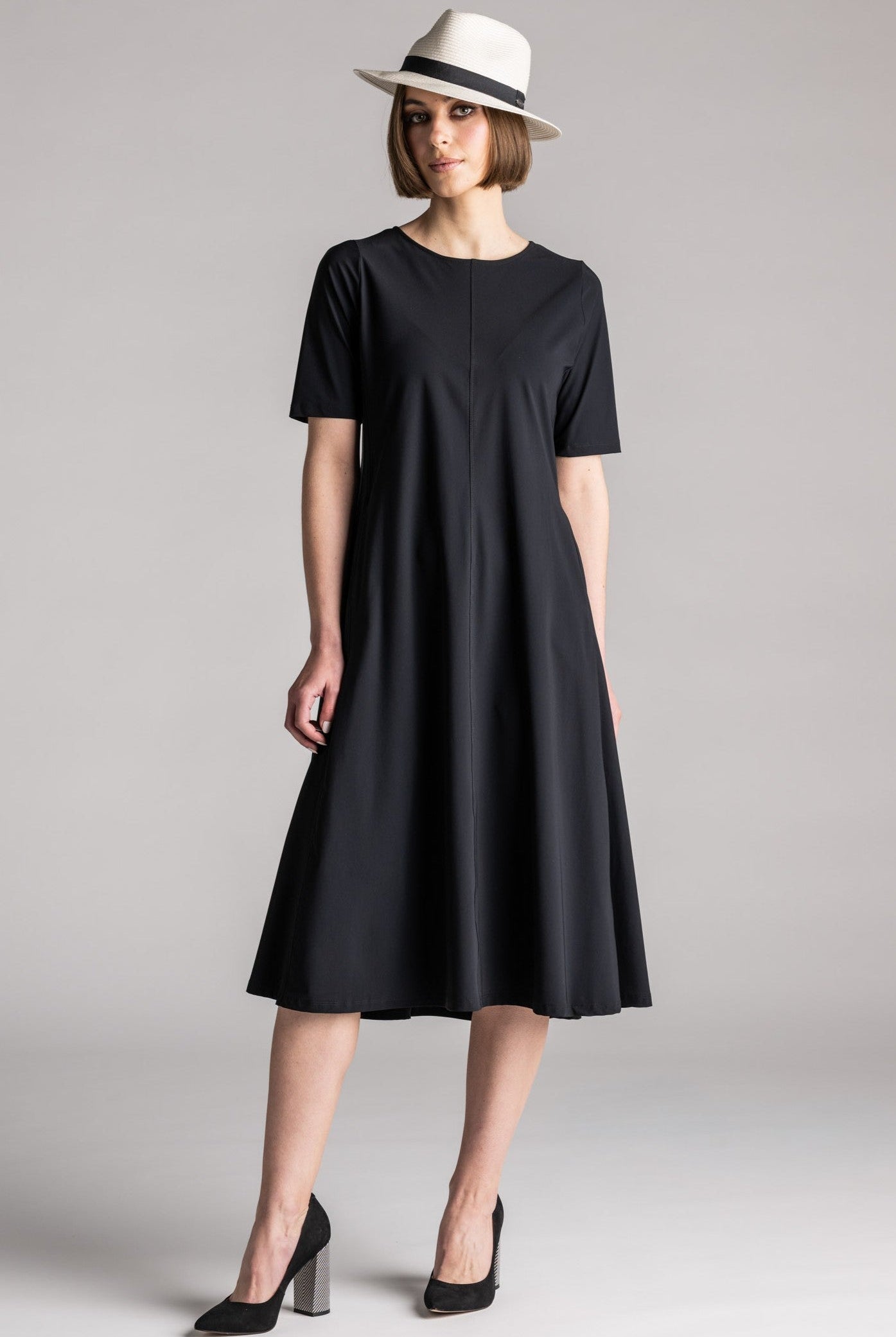 PAULA RYAN Crew Neck Swing Dress Microjersey - Black - Paula Ryan