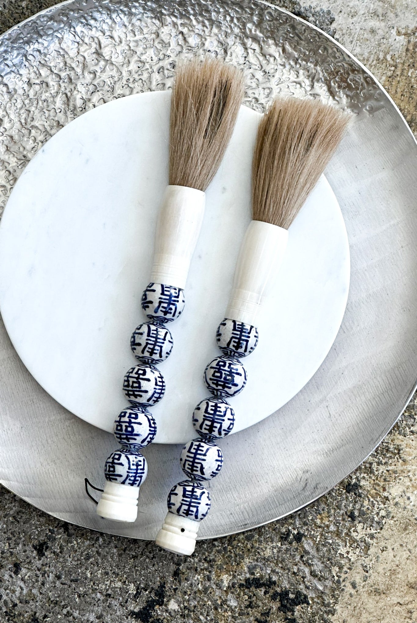 Calligraphy Brush - Large Blue & White Porcelain Beads - Magpie Style