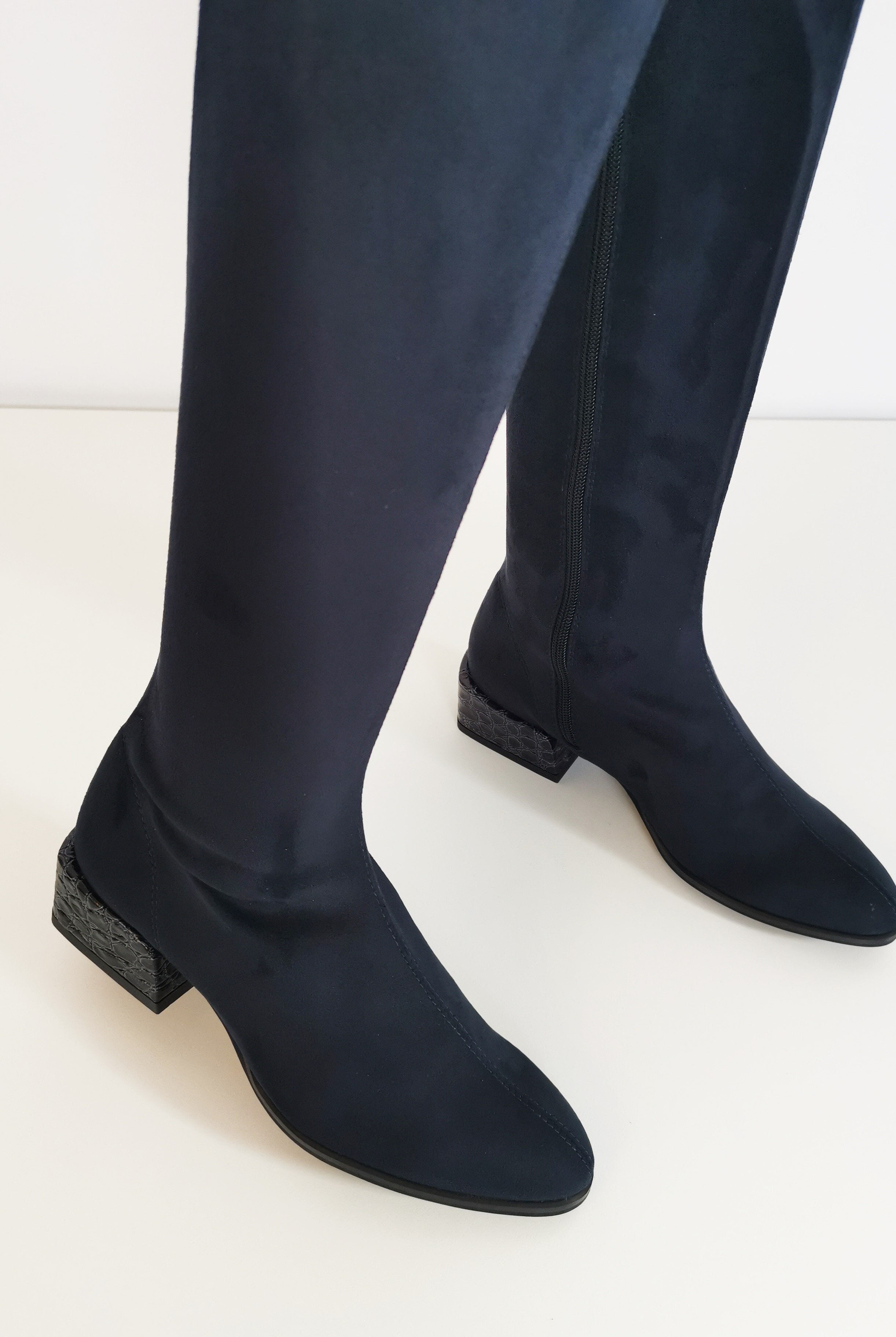 PAULA RYAN Croc Heel Stretch Knee High Boot - Navy - Paula Ryan