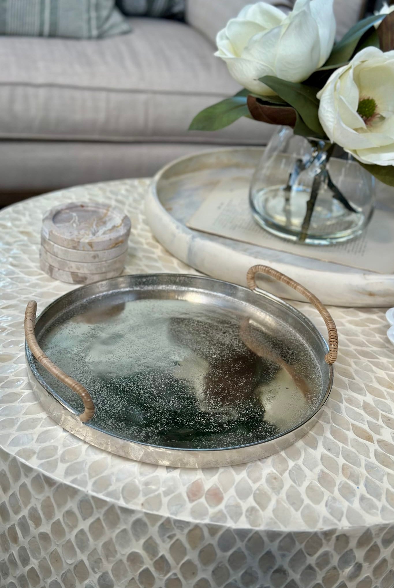 Round Tray With Rattan Deco Handles (35cm) - Magpie Style