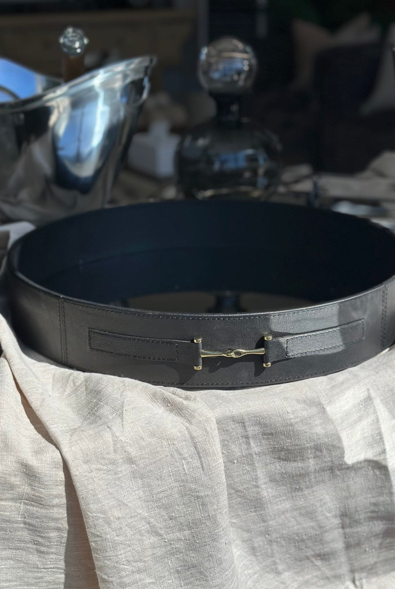 Black Leather Tray with Handles Round (46cm) - Magpie Style