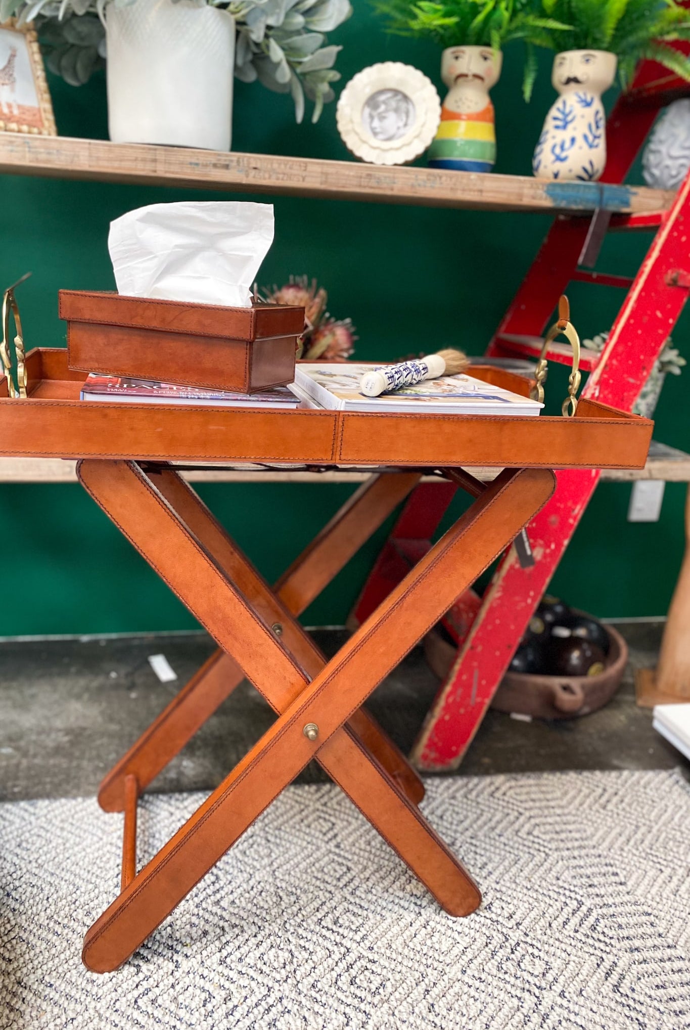Leather Butlers Tray Table With Brass Stirrup Handles - Magpie Style