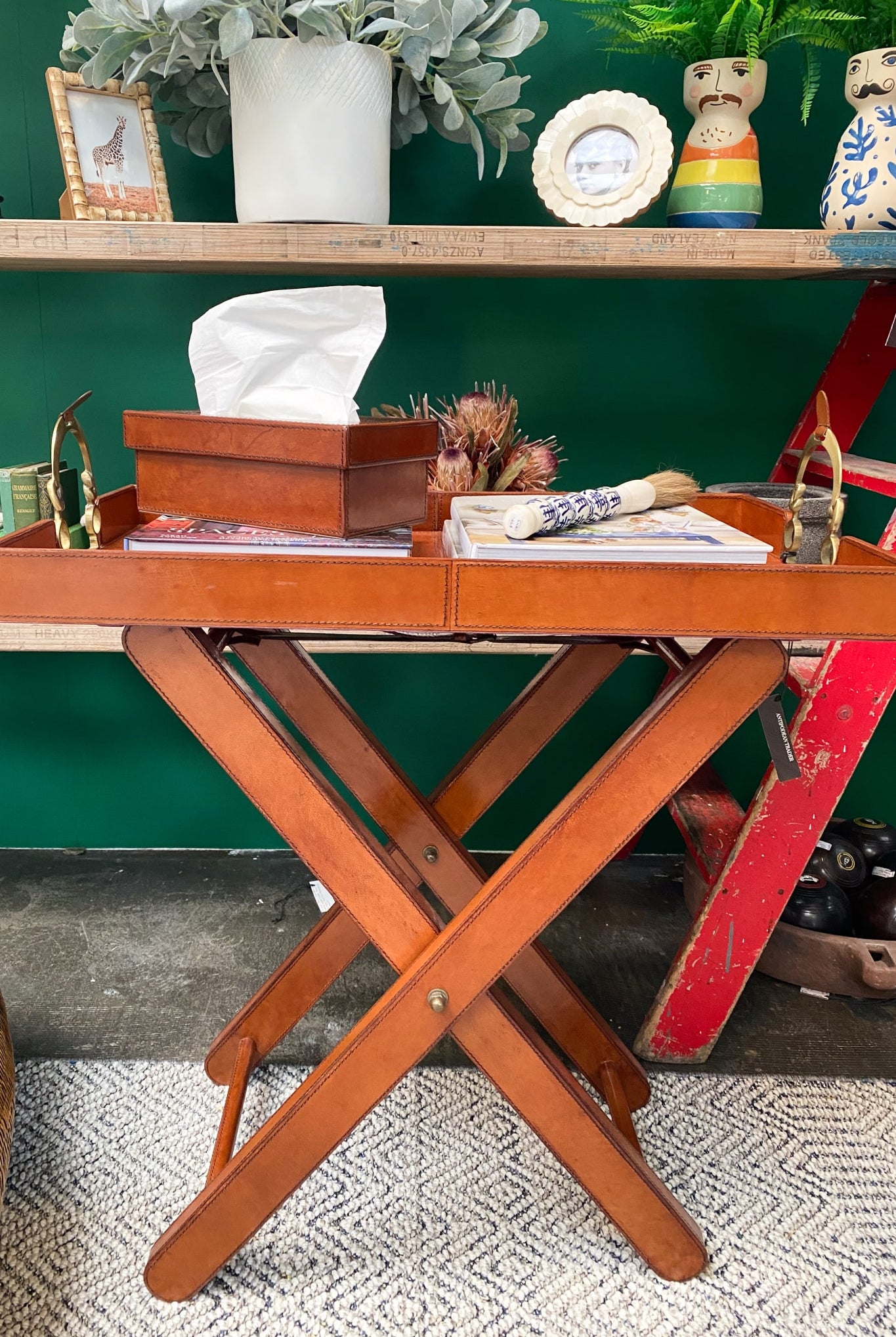 Leather Butlers Tray Table With Brass Stirrup Handles - Magpie Style