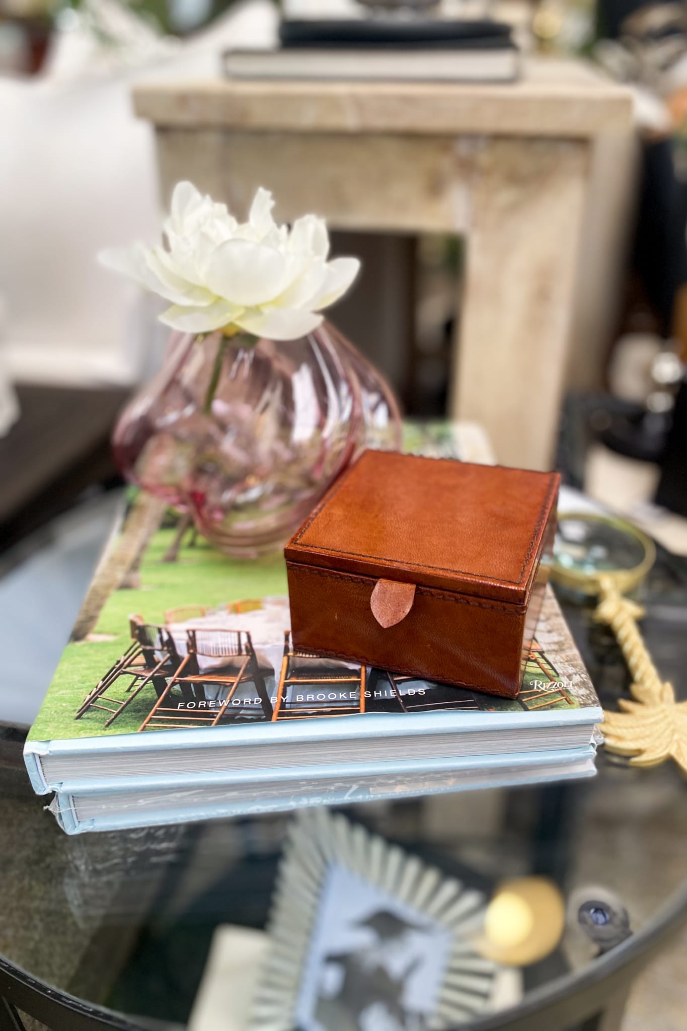 Square Small Leather Box with Leather Tab- Tan - Magpie Style