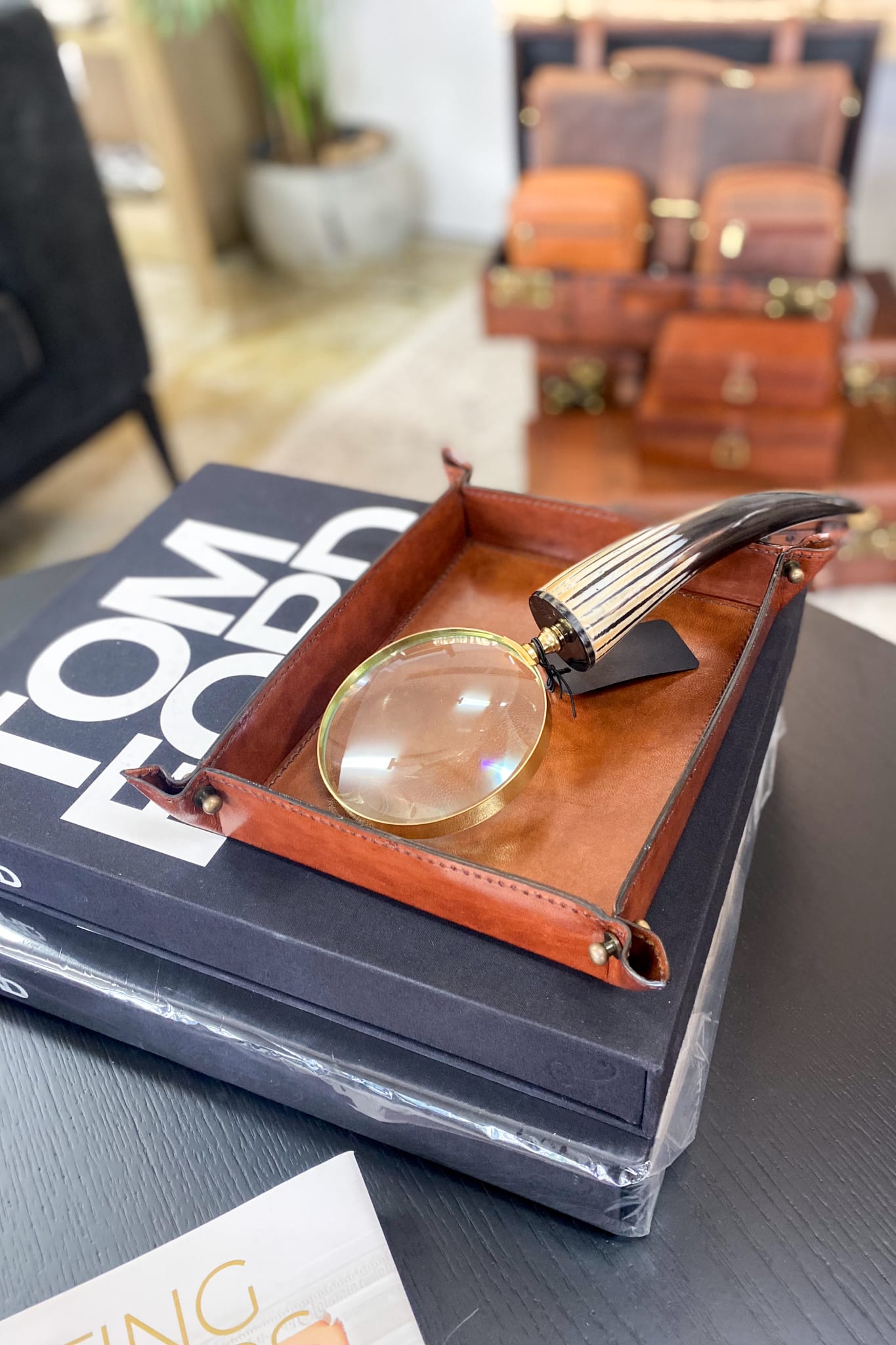 Small Tan Leather Domed Tray - Magpie Style