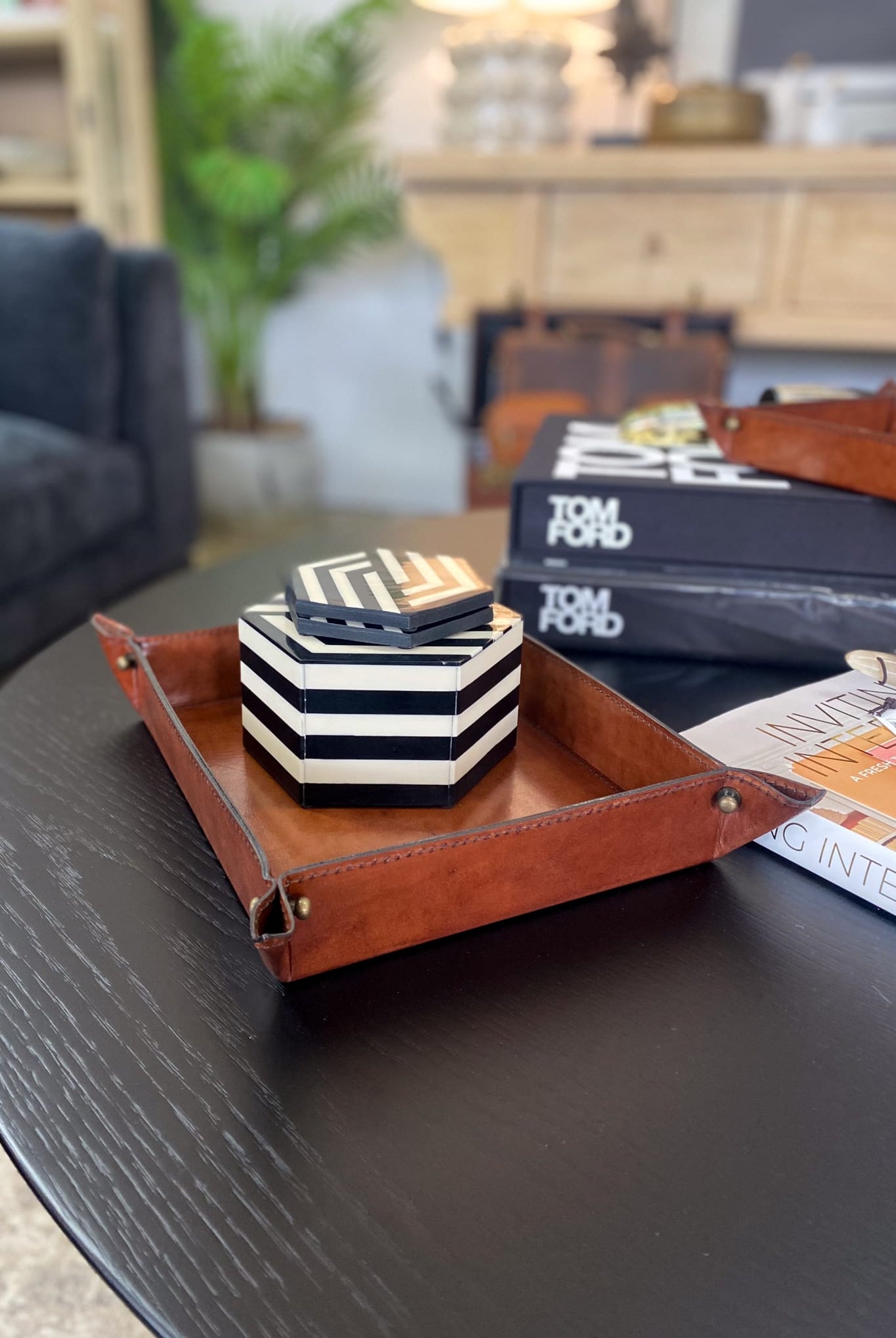 Large Tan Leather Domed Tray - Magpie Style