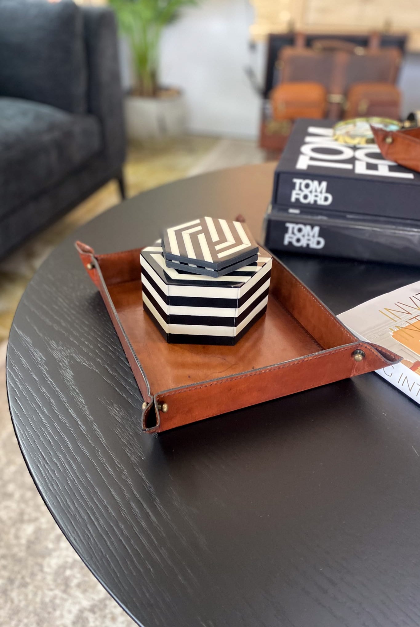Large Tan Leather Domed Tray - Magpie Style