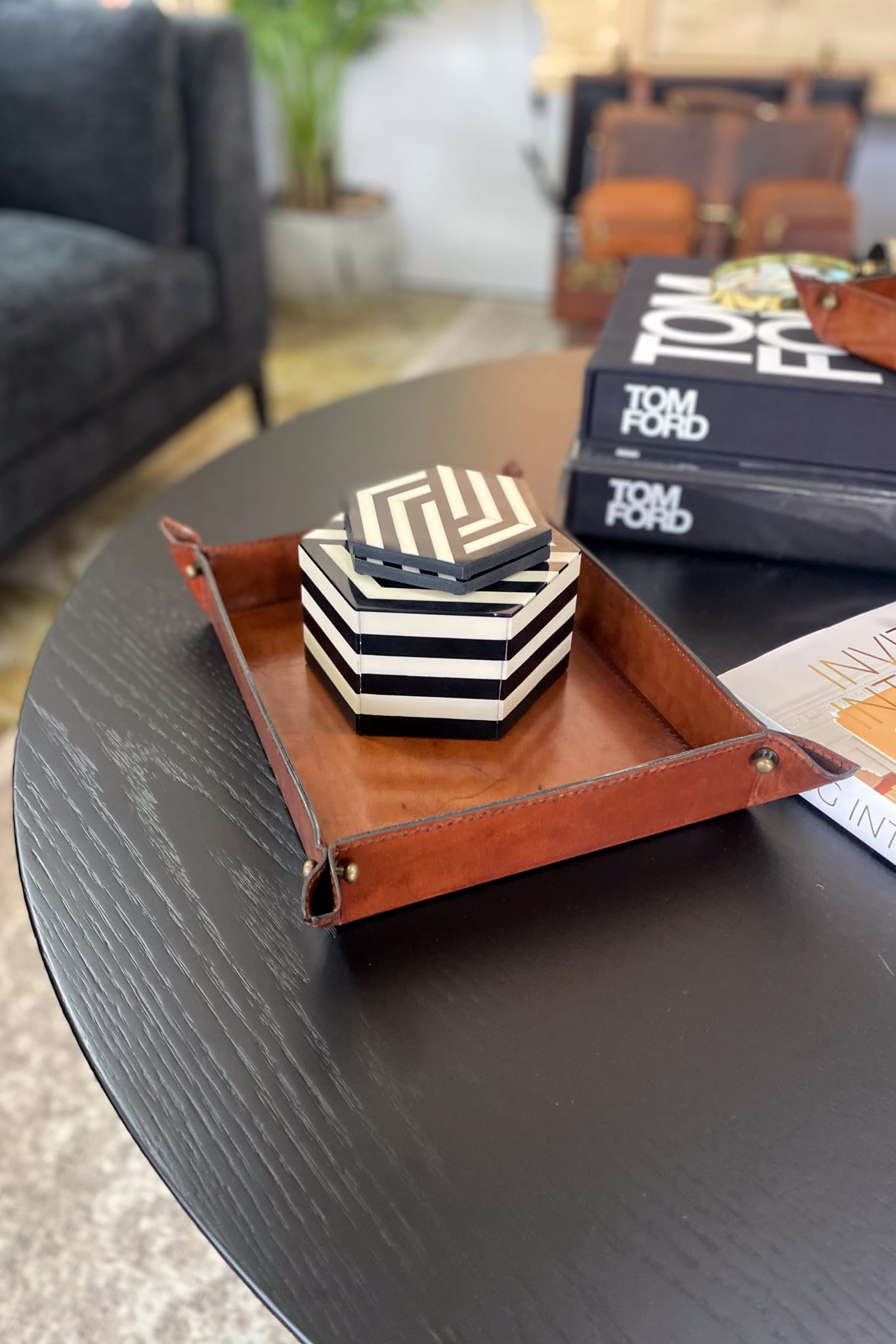 Large Tan Leather Domed Tray - Magpie Style