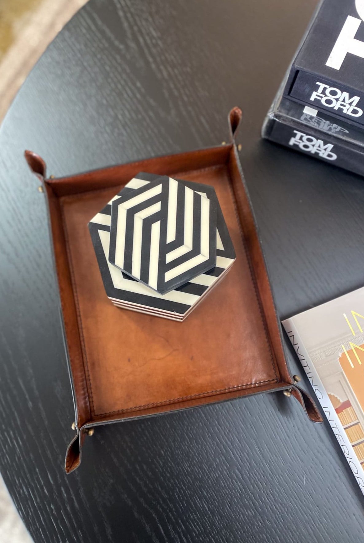 Large Tan Leather Domed Tray - Magpie Style