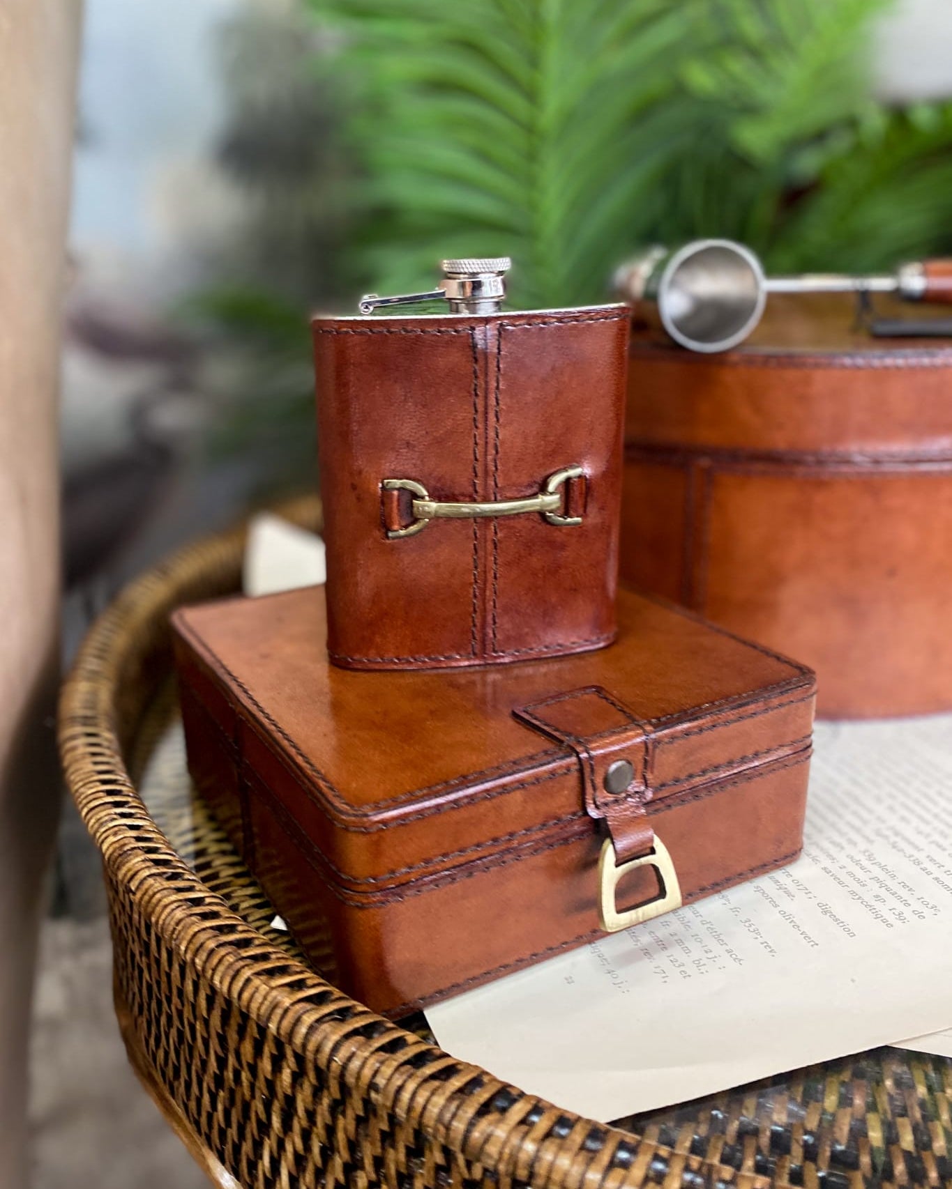Leather Hip Flask with Horse Bit - Tan - Magpie Style