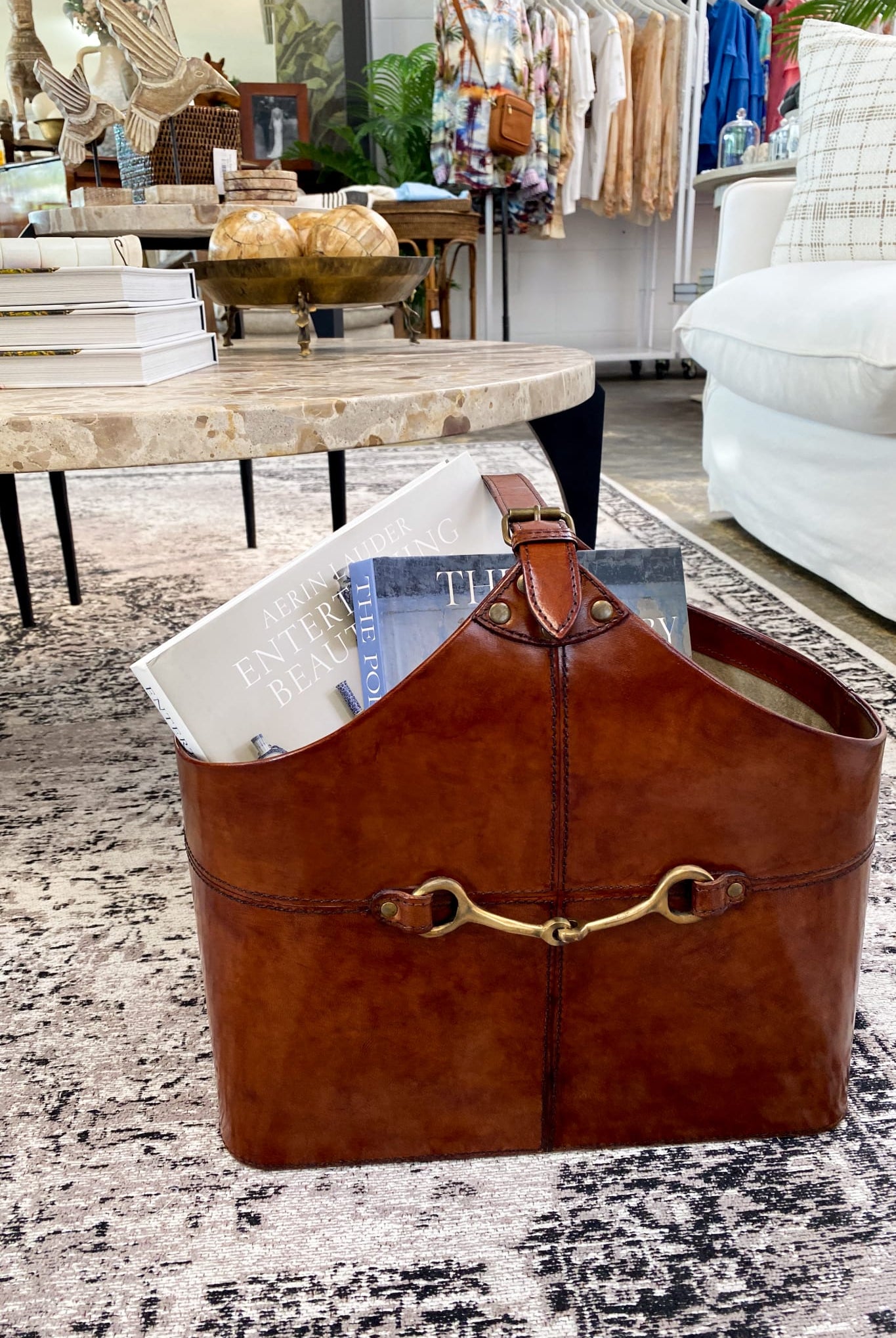 Leather Magazine Basket with Horse Bit - Tan - Magpie Style