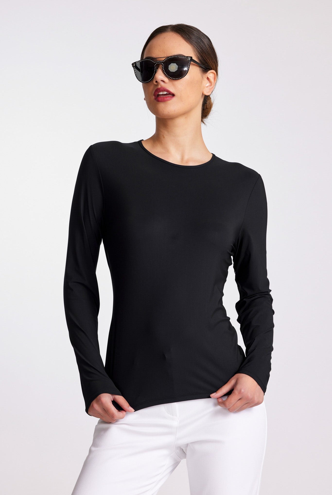 PAULA RYAN Crew Neck Long Sleeve Body Tee Classic Microjersey - Black - Paula Ryan