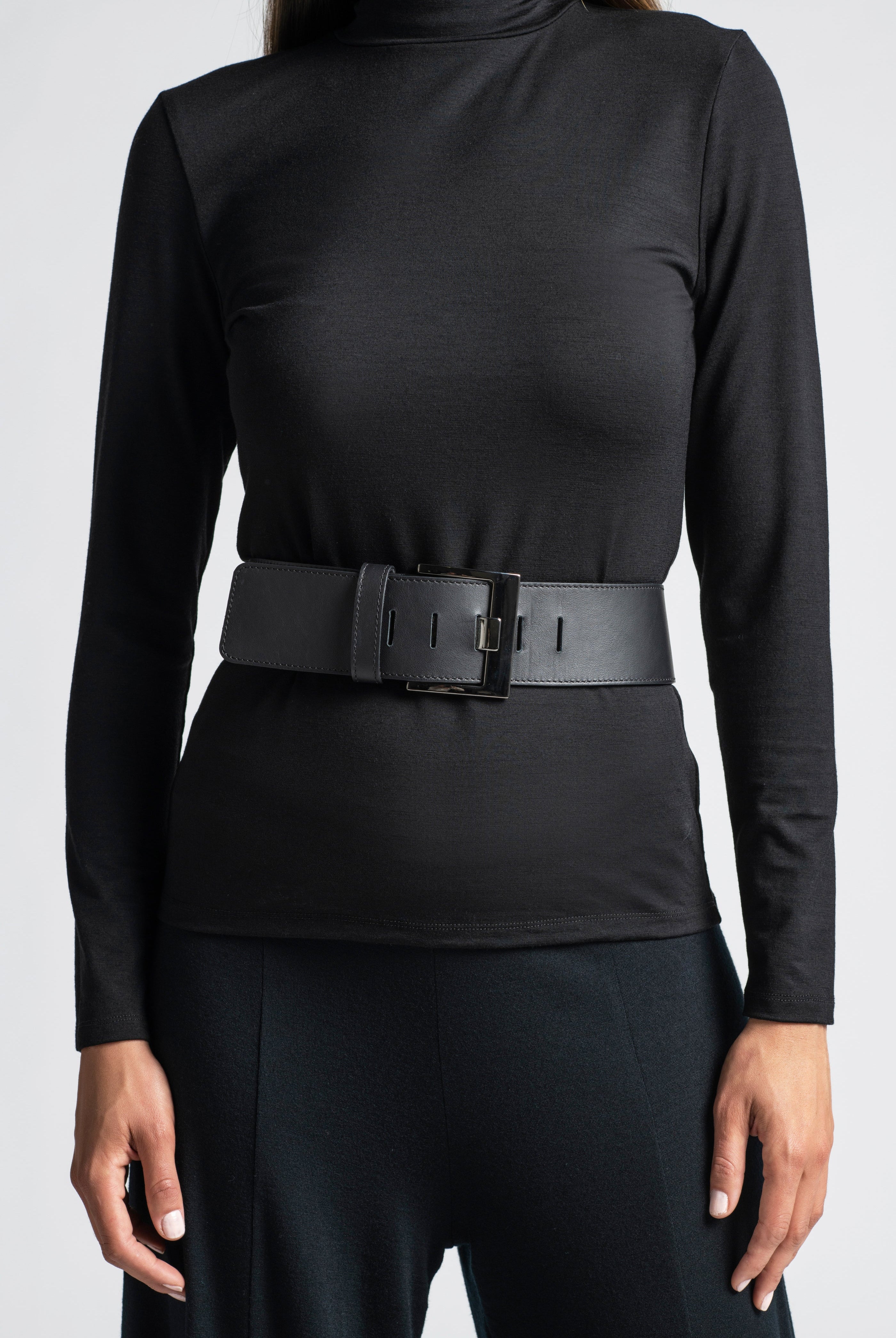 PAULA RYAN Squared Buckle Leather Belt - Black/Gunmetal - Paula Ryan