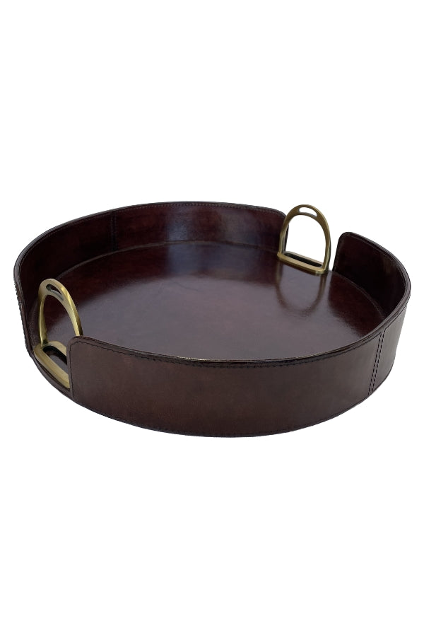 Round Dark Leather Tray with Stirrups - Magpie Style
