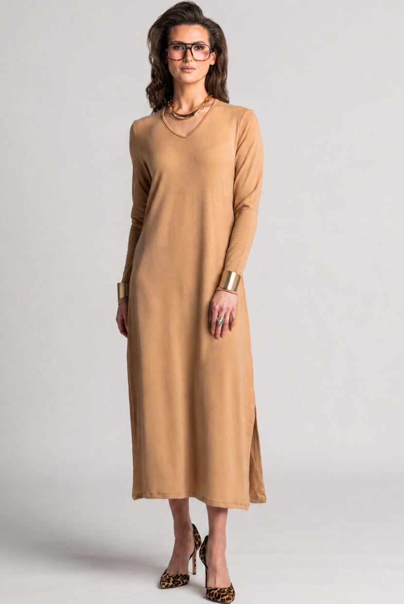 PAULA RYAN V Neck Sheath Dress - Camel Merino - Paula Ryan