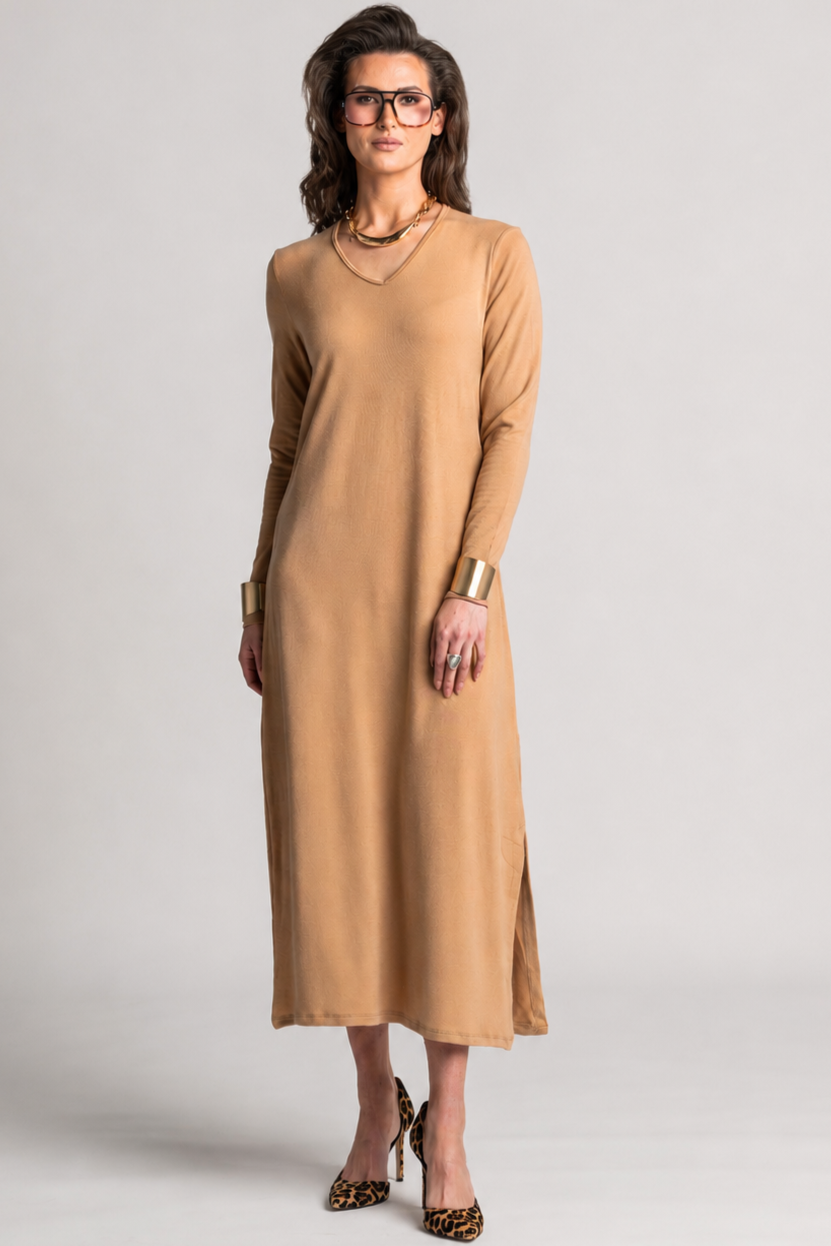 PAULA RYAN V Neck Sheath Dress - Camel Merino - Paula Ryan