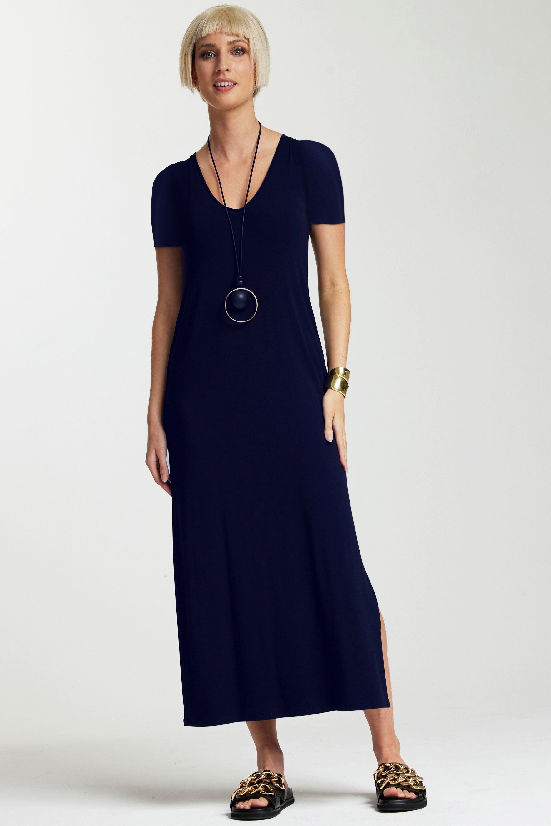 PAULA RYAN ESSENTIALS Short Sleeve Modal Sheath - Navy - Paula Ryan