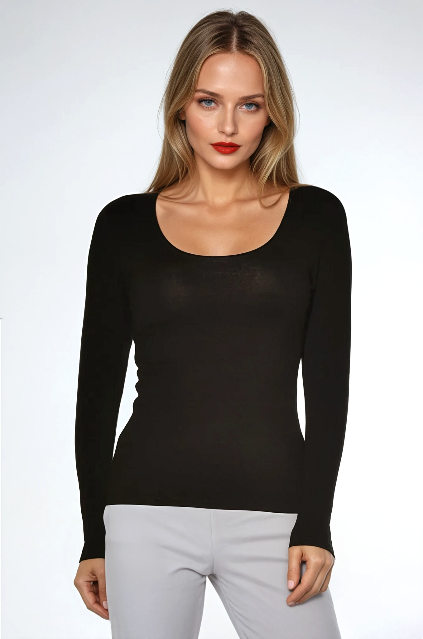 PAULA RYAN Slim Fit Long Sleeve Scoop Neck Top Modal Soft - Black - Paula Ryan
