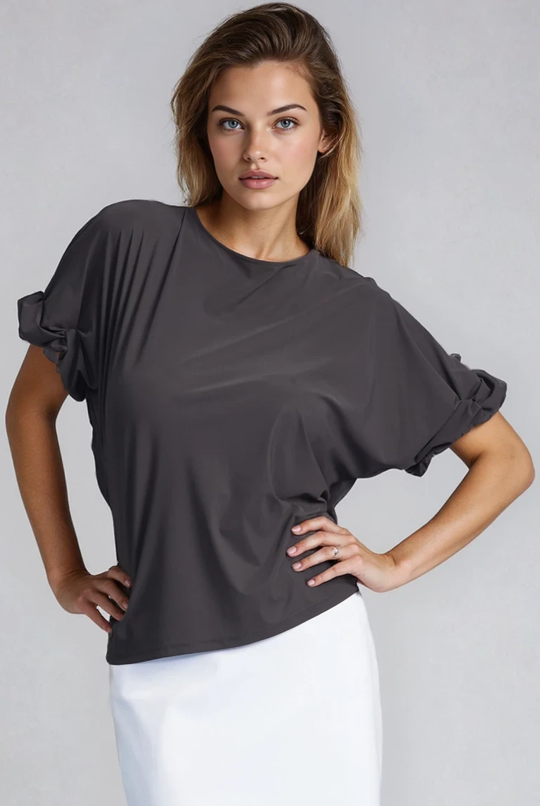 PAULA RYAN Rouched Sleeve Side Tuck Top - Black Microjersey - Paula Ryan