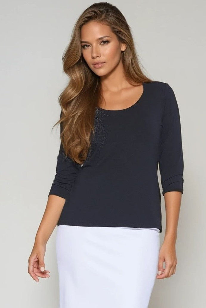 PAULA RYAN Easy Fit 3/4 Sleeve U Shape Neck Top - Eco Vero Navy - Paula Ryan