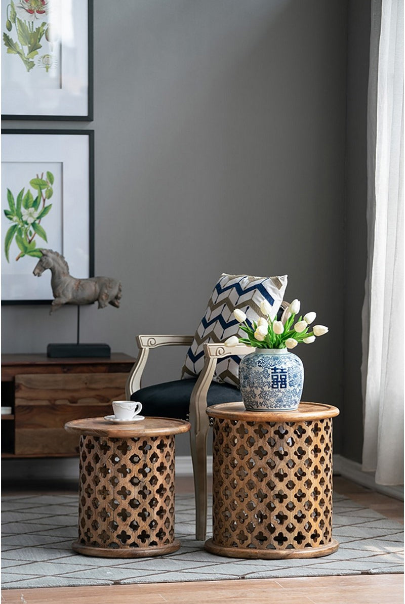 Mango Wood Carved Side Table - Small - Magpie Style