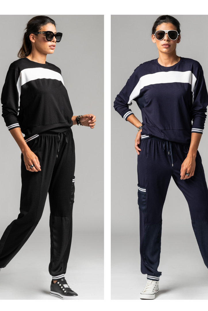 PAULA RYAN RELAXED Panelled Cargo Pant - Viscose Jersey - Black/White - Paula Ryan