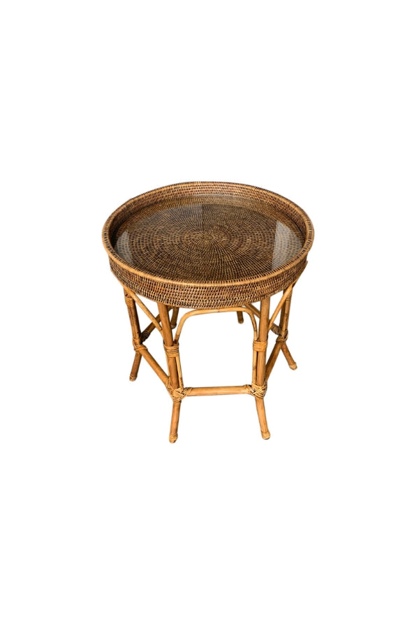 Rattan Colonial Round Side Table with Glass Insert - Magpie Style