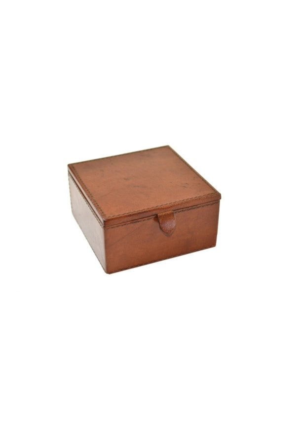 Square Small Leather Box with Leather Tab- Tan - Magpie Style
